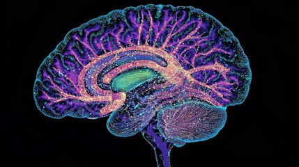 Ultra-detailed brain scan with neural pathways illuminated by AI data streams