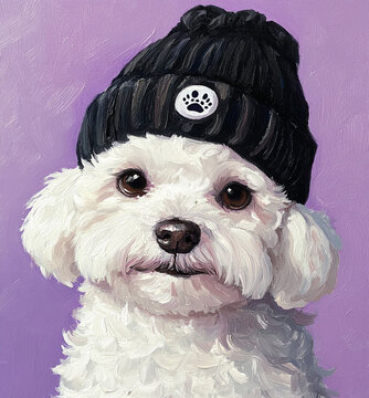 A cute white Bichon Frize wearing a black beanie with a small logo, set against a pink and purple background. This full-body shot, illustrated in a doodle-like oil painting style, captures the playful