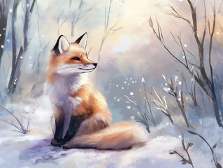 A Sitting Fox in a Winter Wonderland: Frosty Pastel Artistry Captured