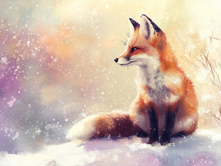 Obraz premium A Sitting Fox in a Frosty Winter Wonderland: Pastel Beauty in the Cold