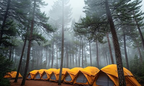 A row of yellow tents in a misty forest setting, ideal for camping and outdoor activities.