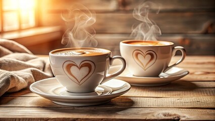 Fototapeta premium Aromatic Steam Rising From Two Cups Of Coffee With Heart Shaped Designs On Wooden Table