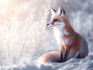 Obraz premium A Fox Sitting in a Frosty Winter Wonderland: Pastel Shades Highlight Silent Solitude