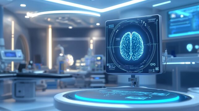 A holographic interface displaying a rotating 3D brain model in a futuristic operating room