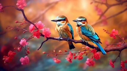 Two vibrantly colored birds sitting on a branch with pink blossoms, set against a dreamy, warm-toned background..