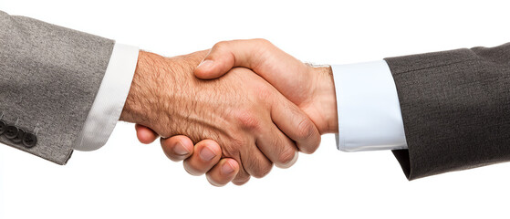 Obraz premium Two business professionals engaging in a handshake, white isolate background.
