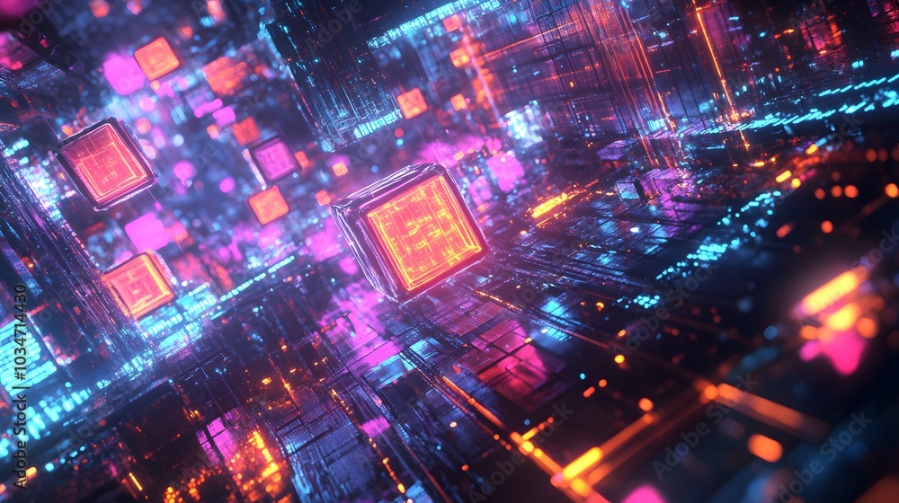 Poster big date, blockchain, hi tech. information flow, decentralized global database structure. 3d illustr