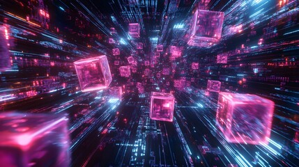 Obraz premium Big Date, Blockchain, hi tech. Information flow, decentralized global database structure. 3D illustration of nanotech cubes in cyberspace. 