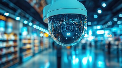 close up of security camer in retail store highlighting surveillance and theft prevention.illustration