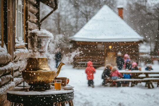 A traditional Russian winter scene, with a family enjoying a hot samovar tea outside their wooden dacha, snow falling gently, and children playing in the background - Powered by Adobe