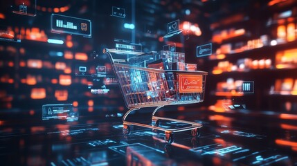 A shopping cart filled with luxury products, surrounded by floating digital interfaces showing online shopping options