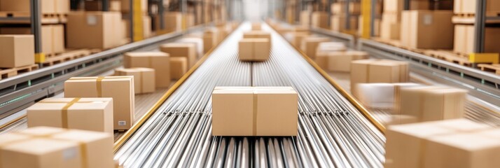 Fototapeta premium Conveyor Belt with Packages in Warehouse.