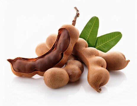 Raw Tamarind Fruit ( Tamarindus indica) With Leaves isolated on white background