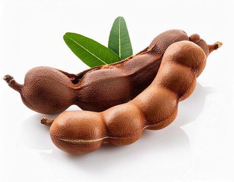 Raw Tamarind Fruit ( Tamarindus indica) With Leaves isolated on white background
