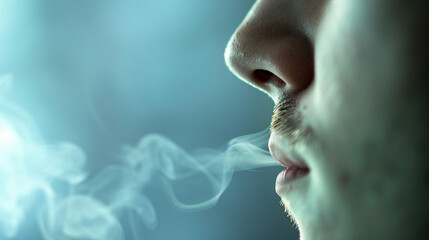 Close-up of a human nose during inhalation, focusing on the nostril and the breathing action, with a blurred background. This image captures the essence of respiration and the significance of healthy 