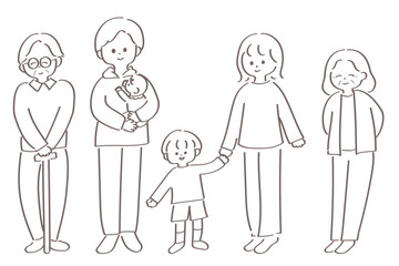 ２世帯家族のイラスト　ゆる可愛い線画　白黒