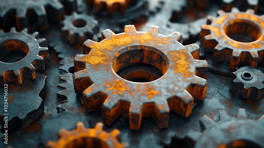 Poster close up of steel gears with moody rusty orange tint representing the rust programming concept the i