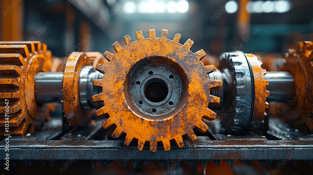 Poster close up of steel gears with moody rusty orange tint representing the rust programming concept the i