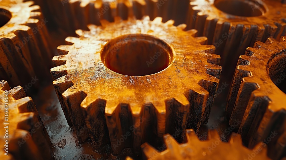 Poster close up of steel gears with moody rusty orange tint representing the rust programming concept the i