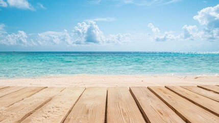 Fototapeta premium Polished Wooden Planks Leading to Serene Tropical Beach Landscape
