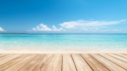 Fototapeta premium Polished Wooden Planks on Sandy Beach Leading to Tranquil Ocean Horizon