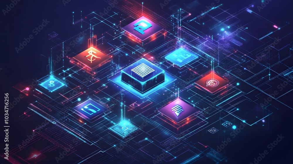 Poster big date, blockchain, hi tech. information flow, decentralized global database structure. 3d illustr