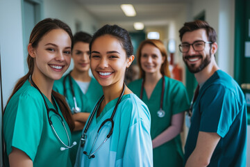 Diverse group of smiling medical professionals in scrubs and stethoscopes, standing together in a hospital hallway, showcasing teamwork and healthcare