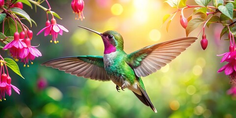 Obraz premium A Vibrant Hummingbird In Flight, Surrounded by Delicate Pink Flowers, Captured in a Moment of Natural Beauty