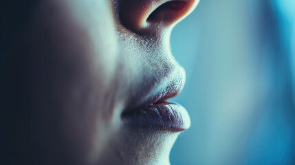 Close-up of a human nose during inhalation, focusing on the nostril and the breathing action, with a blurred background. This image captures the essence of respiration and the significance of healthy 