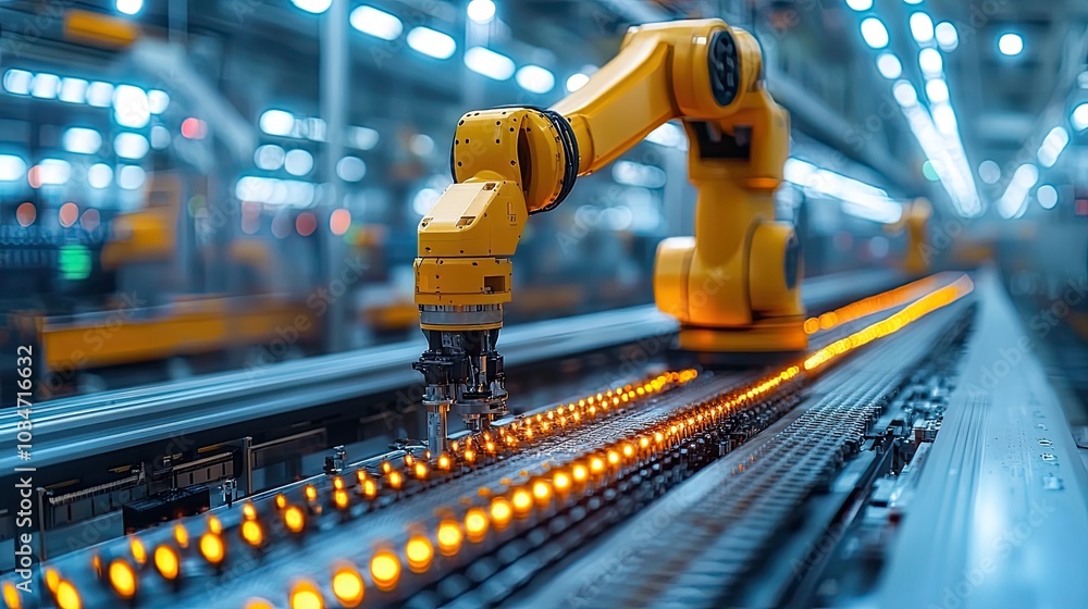 Poster closeup of smart factory robotic arm showcasing advanced industrial technology and automation in mod