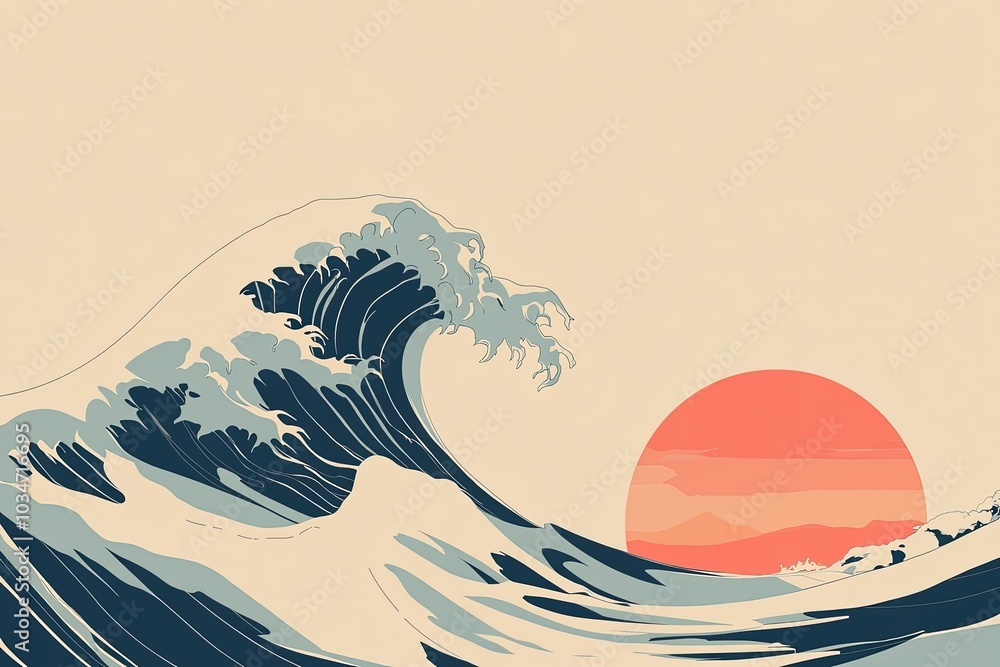 Poster a painting of a wave with a sunset in the background