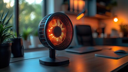 closeup of ventilator fan cooler on an office desk providing relief from heat in home office during hot weather.image
