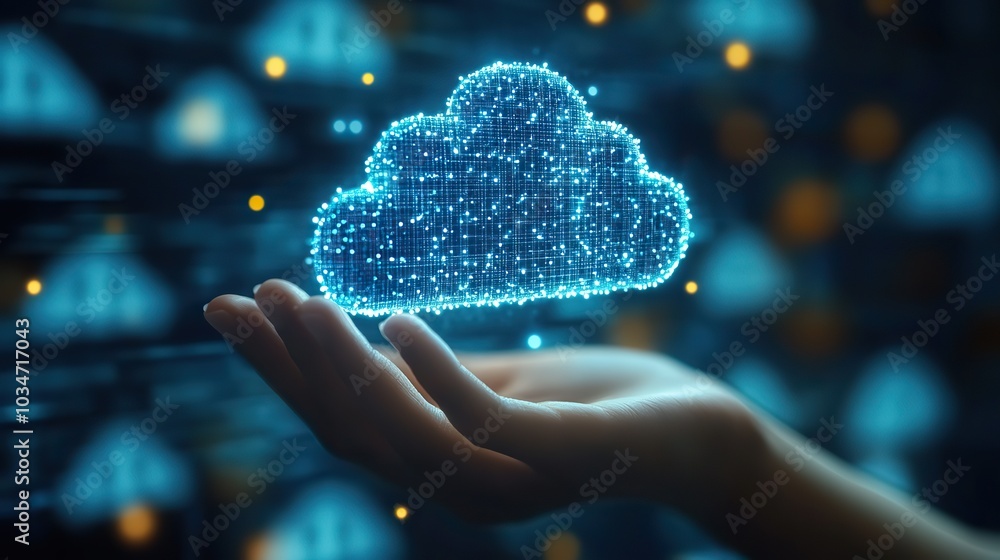 Poster cloud computing and dat security concept with cloud icon and digital interface emphasizing hipa comp