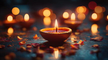 Candle glow and colorful bokeh create a magical backdrop for the joyous festival of Diwali