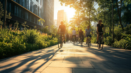 Group of people cycling on a paved path in a modern city setting with tall buildings and lush greenery, enjoying a sunny day