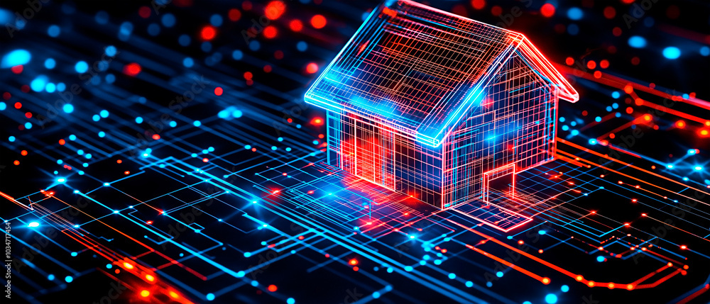 Poster futuristic digital house concept with glowing circuit paths. neon smart home on a network grid of da