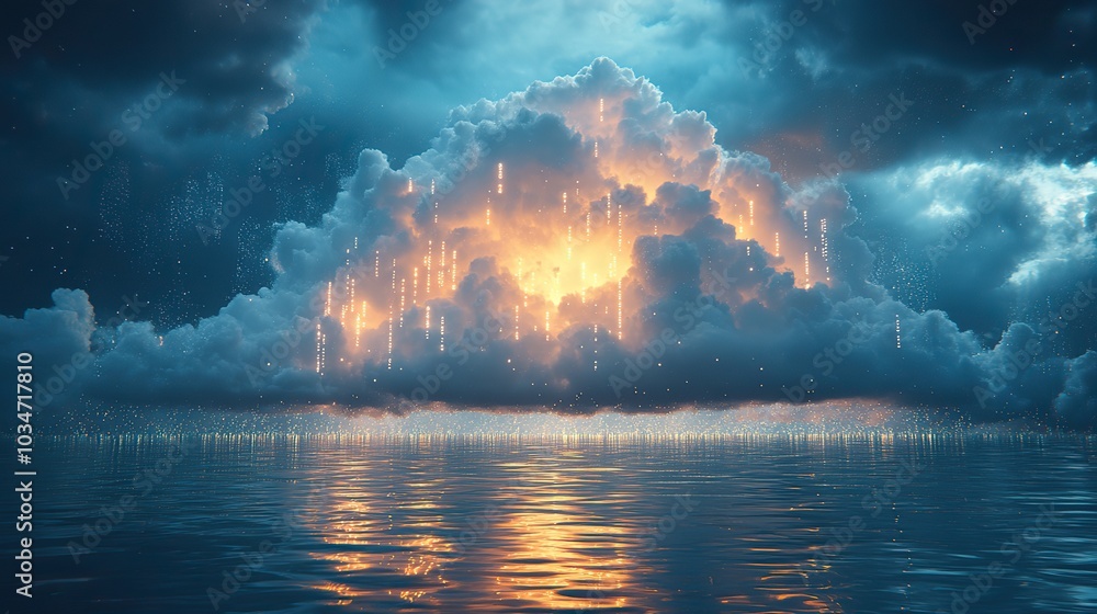 Poster clouds and digital code emerging from water symbolizing digital transformation and cloud computing