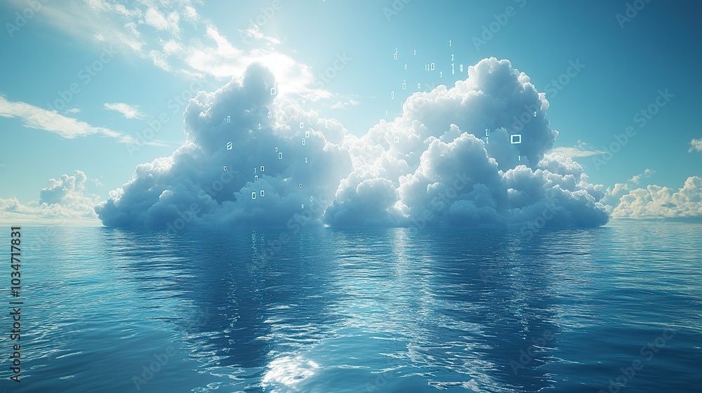 Poster clouds and digital code emerging from water symbolizing digital transformation and cloud computing.i