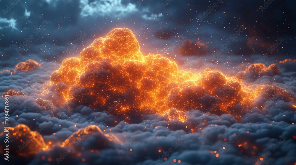 Poster clouds illuminated in dark sky symbolize the concept of cloud integration and dat connectivity.stock