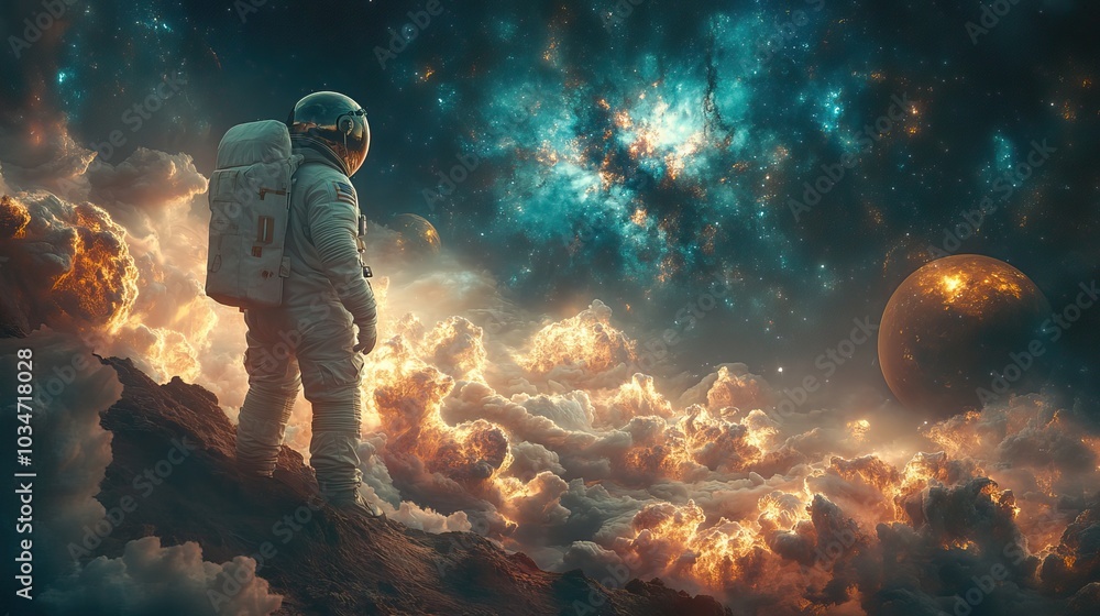 Poster collage art style concept that showcases space exploration it features an astronaut in the vast expa