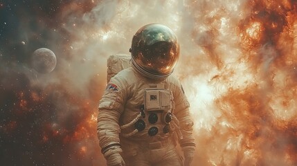 Fototapeta premium collage art style concept that showcases space exploration it features an astronaut in the vast expanse of space with stunning backdrop of various celestial bodies and planets.illustration