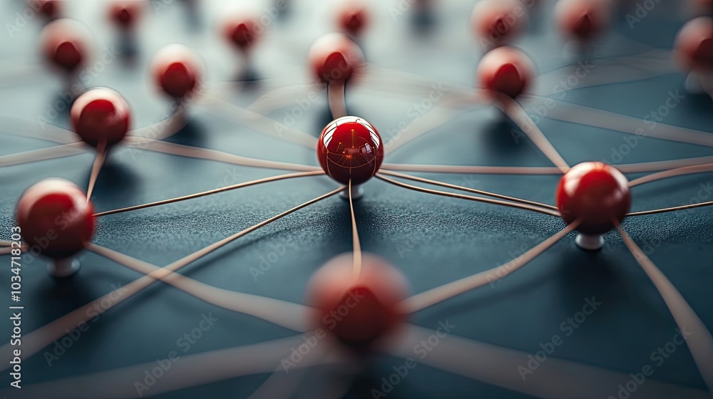 Poster colored pins connected by lines on white background representing network architecture and interconne