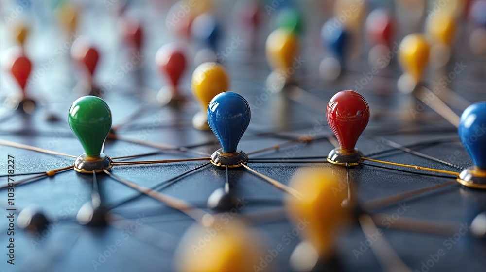 Poster colored pins connected by lines on white background representing network architecture and interconne