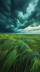 A vast, open grassland with tall grasses bending in the wind, under a dark, stormy sky filled with rolling clouds. 