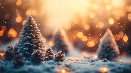 Naklejka premium Beautiful holiday background with Christmas trees, snowflakes, and warm, glowing lights in the distance.