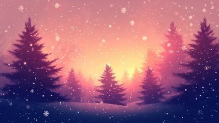 Naklejka premium Beautiful holiday background with Christmas trees, snowflakes, and warm, glowing lights in the distance.