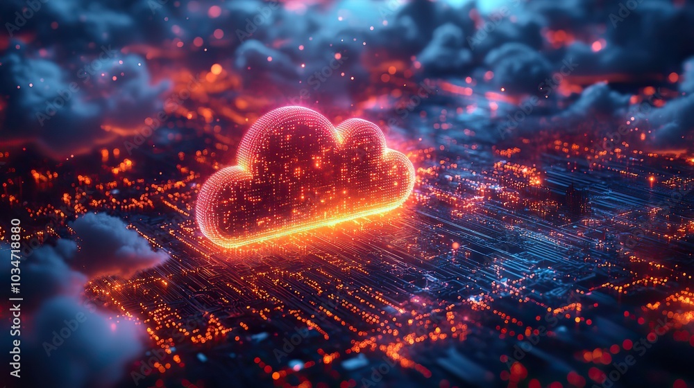 Poster colorful digitalof cloud computing and api integration with abstract clouds and dat flow