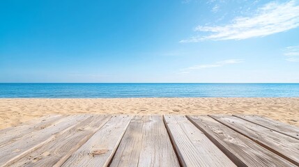 Fototapeta premium Weathered Wooden Dock on a Golden Sand Beach with Serene Ocean Horizon