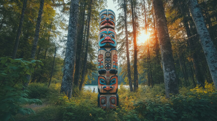 A traditional Native Alaskan totem pole in a picturesque forest setting, highlighting the cultural heritage of Alaska Day