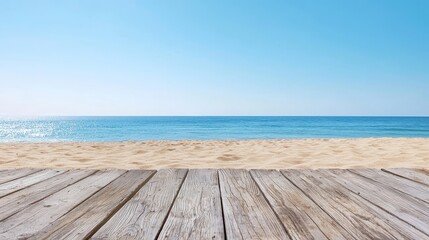 Fototapeta premium Weathered Wooden Dock on a Beach with Golden Sand and Serene Ocean View